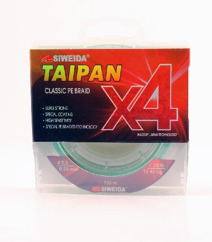 Шнур плетеный  "TAIPAN CLASSIC PE BRAID X4" 0,23мм  135м (#2.0, 30lb, 13,60кг, light-green)