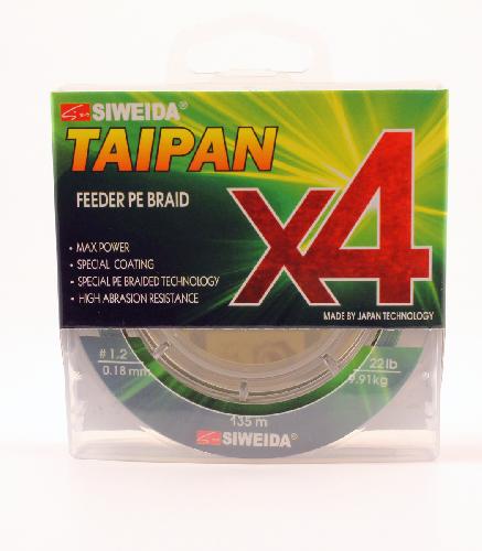 Шнур плетеный  "TAIPAN FEEDER BRAID X4" 0,18мм  135м (#1.2, 22lb, 9,91кг, dark green)