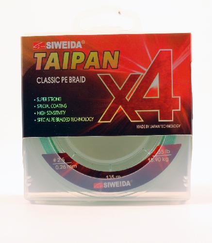 Шнур плетеный  "TAIPAN CLASSIC PE BRAID X4" 0,26мм  135м (#2.5, 35lb, 15,90кг, light-green)